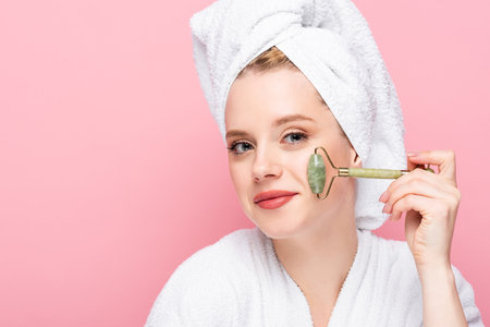 young woman in bathrobe with towel on head using jade roller isolated on pinkの写真素材