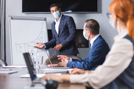 African american businessman in medical mask looking at colleagues while pointing with hand on graph on blurred foregroundの写真素材