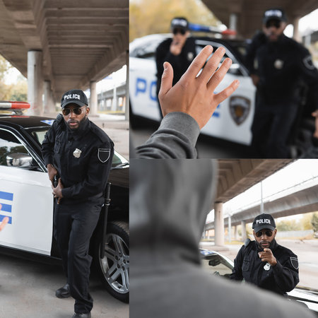 collage of african american police officer taking out gun and pointing with finger at offender...