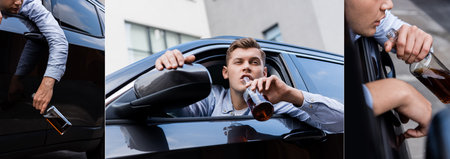 collage of drunk man with bottle of whiskey at drivers seat in car, banner