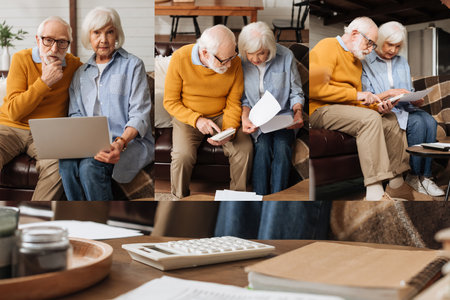 collage of senior couple calculating while looking at bills on couch, using laptop and sitting near white calculator on table at homeの写真素材