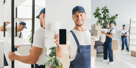 collage of movers carrying rack, happy worker holding smartphone and plantの写真素材