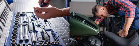 collage of mechanic holding screwdriver near toolbox, and examining motorcycle in workshop, bannerの写真素材