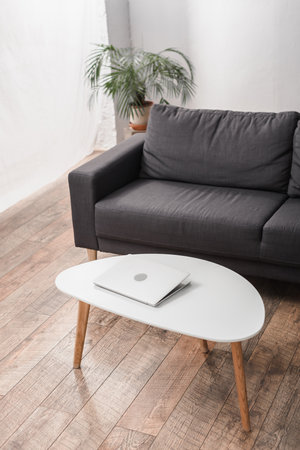laptop on coffee table near gray couch and plant in apartmentの写真素材