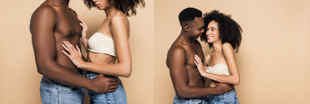 collage of african american man hugging curly girlfriend isolated on beigeの写真素材