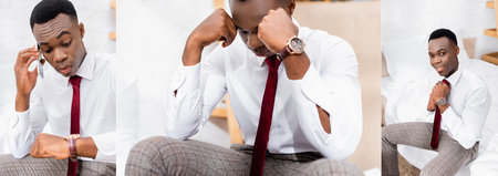Collage of smiling and sad african american businessman wearing tie and talking on smartphone on...