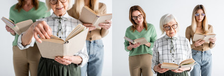 collage of three generation of women in glasses reading books isolated on white