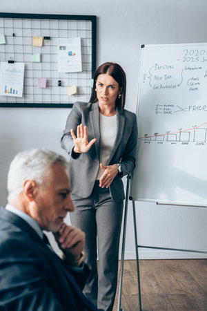 Worried businesswoman showing stop near flipchart and mature investor on blurred foregroundの写真素材