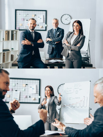 Collage of smiling businesspeople looking at camera and showing like gesture near flipchart in officeの写真素材