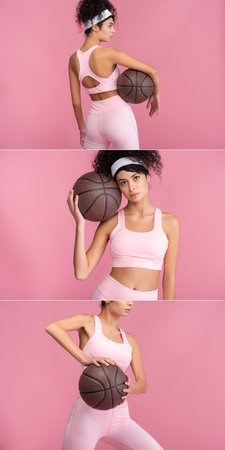 collage of curly young woman holding basketball on pinkの写真素材