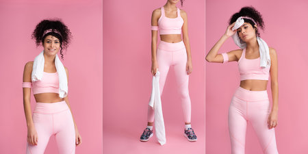 collage of curly young sportswoman wiping sweat with towel, standing and smiling on pinkの写真素材