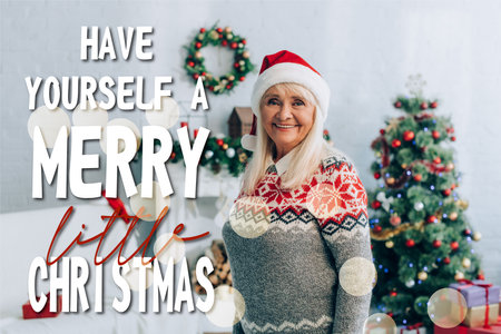 cheerful senior woman in santa hat looking at camera near decoration on background, have yourself a merry little Christmas illustrationの写真素材
