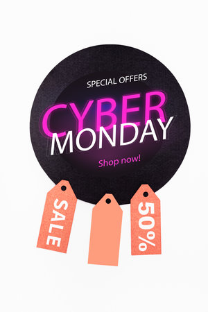 Top view of circle with special offers, cyber monday lettering near price tags and on white...