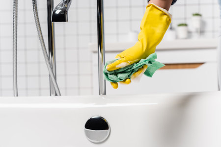 Cropped view of woman in rubber glove holding rag with soap near faucet and bathtubの写真素材
