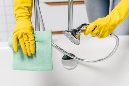 Cropped view of woman in rubber gloves holding shower and rag in bathroom on blurred backgroundの写真素材