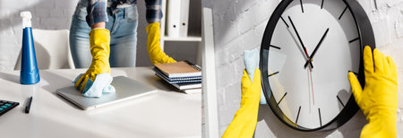 Collage of woman in rubber gloves cleaning clock and laptop near notebooks on table, banner
