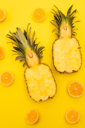 top view of halves of juicy lemons and pineapples isolated on yellowの写真素材