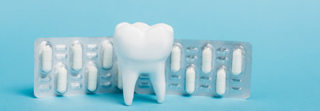 White model of tooth an blister with pills on blue background, banner