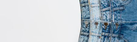 top view of various blue jeans isolated on white with copy space, bannerの写真素材