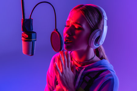 young woman in wireless headphones recording song while singing on purple with color filterの写真素材