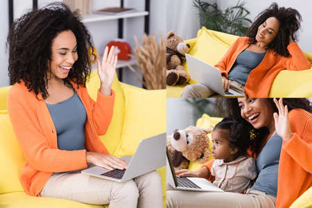collage of cheerful african american woman waving hand during video call near toddler daughterの写真素材