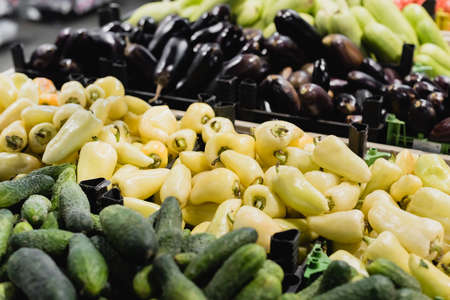 Organic peppers near cucumbers and eggplants on blurred background in supermarket