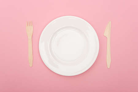 top view of disposable wooden cutlery near white plate isolated on pink