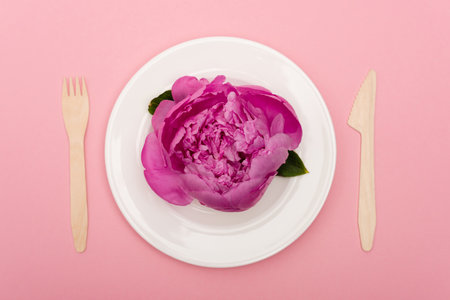 top view of disposable wooden cutlery near white plate with flower isolated on pinkの写真素材