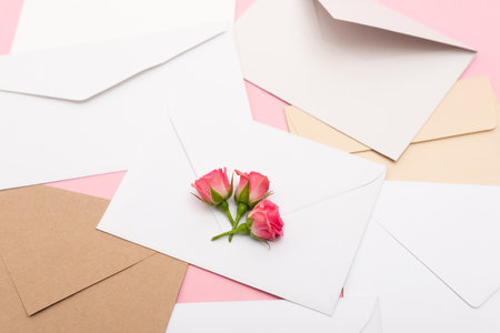 top view of tea roses on envelopes and lettersの写真素材