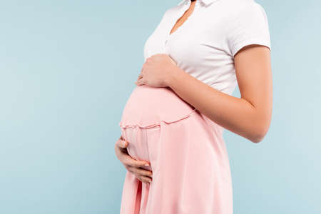 cropped view of pregnant woman in dress touching belly isolated on blue