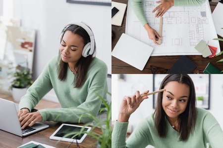 collage of african american freelance architect typing on laptop in headphones and working on...