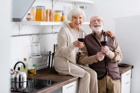 joyful senior couple holding glasses on red wine and looking at camera in kitchen
