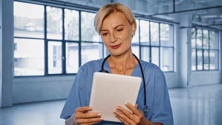 Mature doctor using digital tablet in clinic