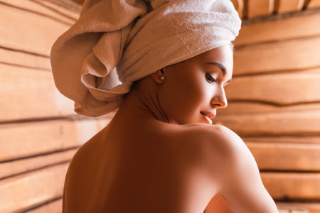 shirtless woman with towel on head relaxing in saunaの写真素材