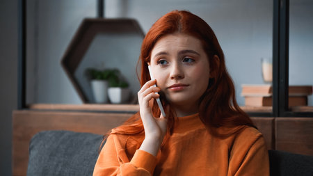 Red haired girl talking on mobile phone at homeの写真素材