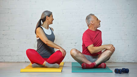sportive senior interracial couple meditating on fitness mats in lotus poseの写真素材