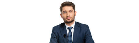 young news presenter with microphone on blazer looking at camera isolated on white ,. banner