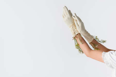 cropped view of woman in gloves with spring flowers isolated on white