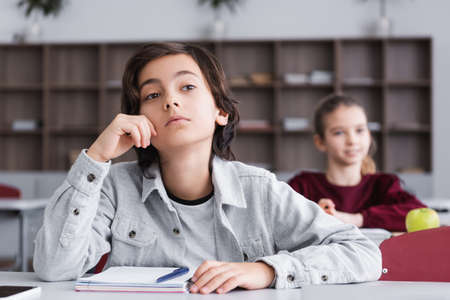Pupil sitting near notebook and pen on deskの写真素材