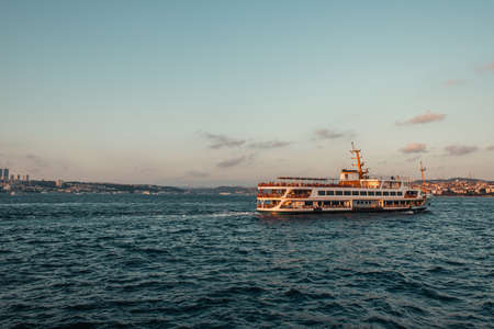 Ship in sea with sky at background during sunset, Istanbul, Turkeyの写真素材