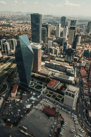 Aerial view of Kristal Kule Finansbank Headquarters and buildings in Istanbul, Turkeyの写真素材