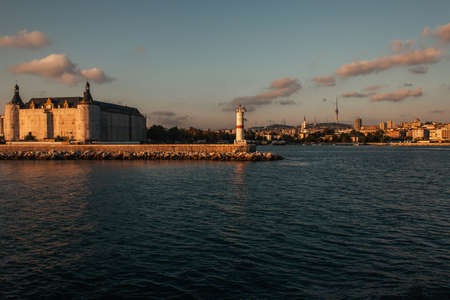 Lighthouse on coast of sea during sunset, Istanbul, Turkey
