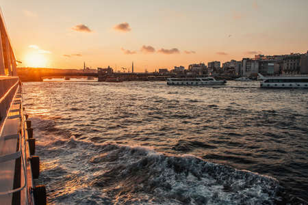View from ship on sunset and coastline of Istanbul, Turkey