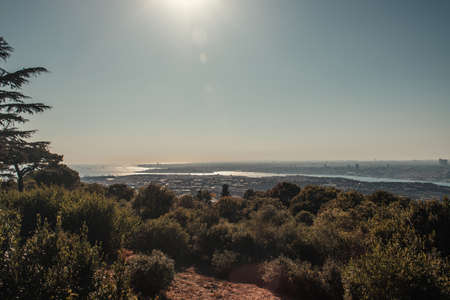 cloudless, sunny sky over Bosphorus strait and green hillsの写真素材