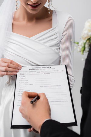 Cropped view of smiling bride holding marriage contract near groom with pen on blurred foreground isolated on grayの写真素材