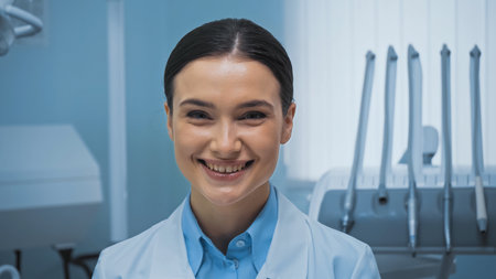 cheerful dentist smiling at camera near dental equipment on blurred backgroundの写真素材