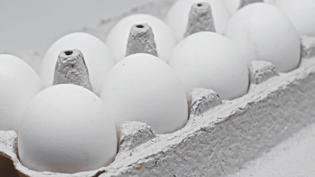 close up view of fresh, white eggs in paper package