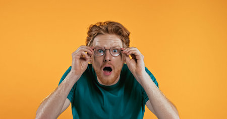 amazed redhead man adjusting glasses isolated on yellowの写真素材