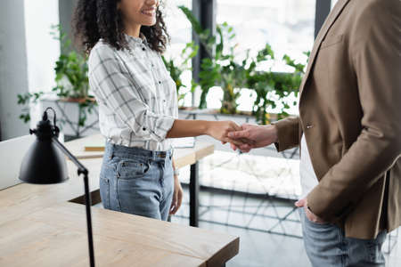 Cropped view of smiling african american businesswoman handshaking with colleagueの写真素材