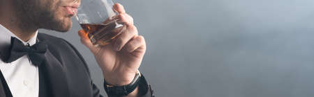 cropped view of businessman in bow tie drinking whiskey on gray background with smoke, bannerの写真素材